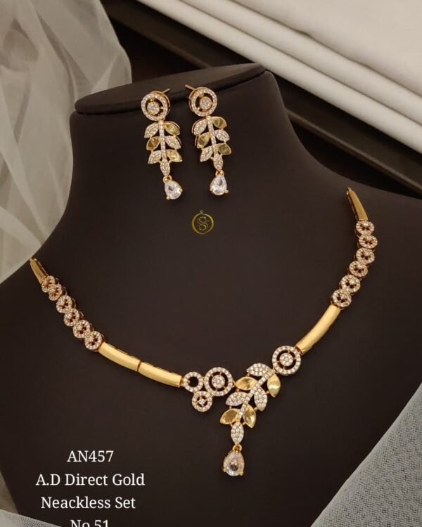 AD Floral Drop Necklace Set with White Stones in gold-tone finish