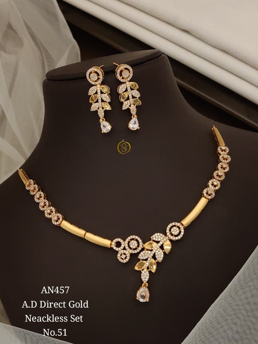AD Floral Drop Necklace Set with White Stones 1 AD Floral Drop Necklace Set with White Stones in gold-tone finish