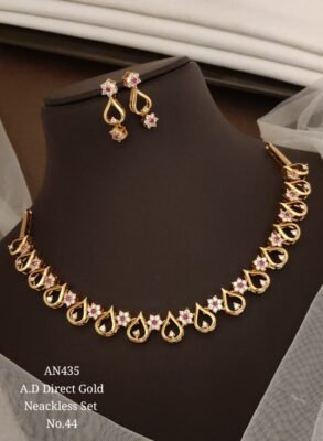 AD Pink Floral Teardrop Necklace Set 12 AD Pink Floral Teardrop Necklace Set in gold-tone finish