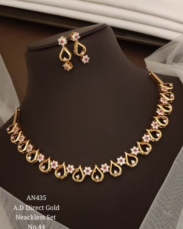 AD Pink Floral Teardrop Necklace Set in gold-tone finish