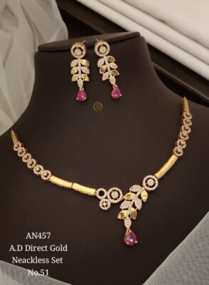 AD Floral Drop Necklace Set with Pink Stones 11 AD Floral Drop Necklace Set with Pink Stones in gold-tone finish