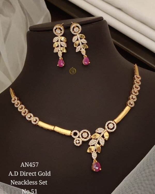 AD Floral Drop Necklace Set with Pink Stones in gold-tone finish