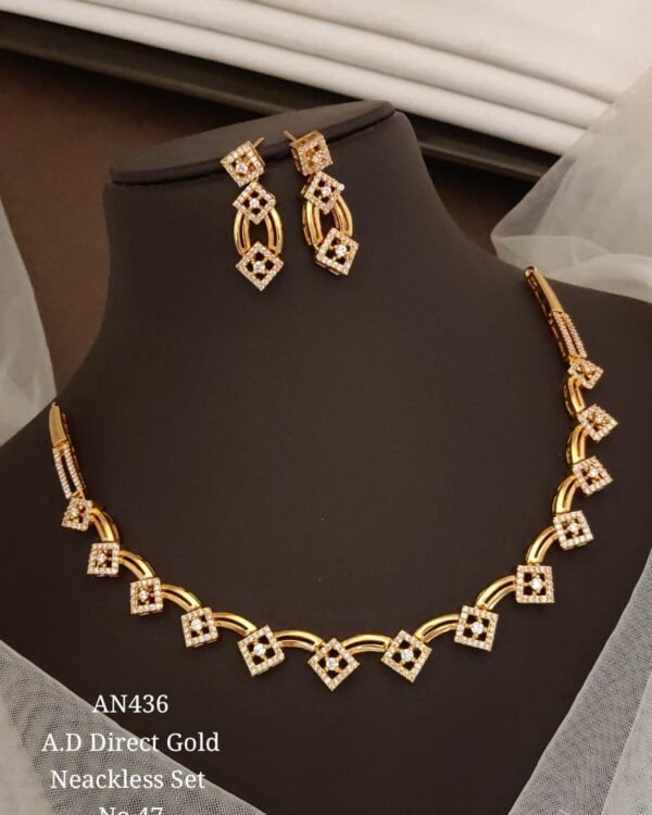 AD Diamond Shape Link Necklace Set in gold-tone finish