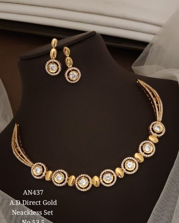 AD Round Stone Necklace Set with matching earrings in gold-tone finish