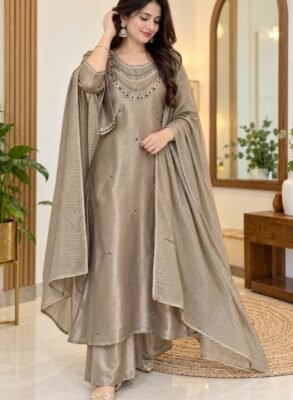 Taupe grey tissue silk hand embroidered suit set with dupatta and palazzo pants