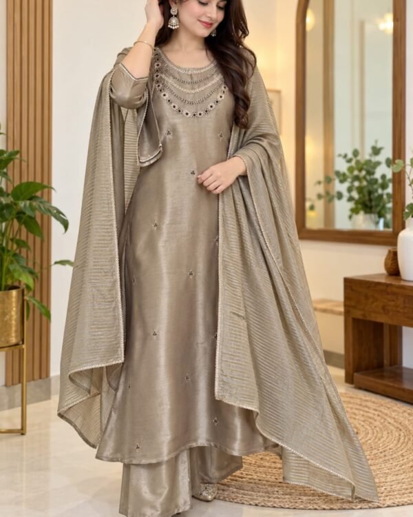 Taupe grey tissue silk hand embroidered suit set with dupatta and palazzo pants