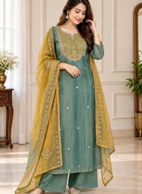 Sage green crush tissue embroidered kurti palazzo set with mustard yellow dupatta