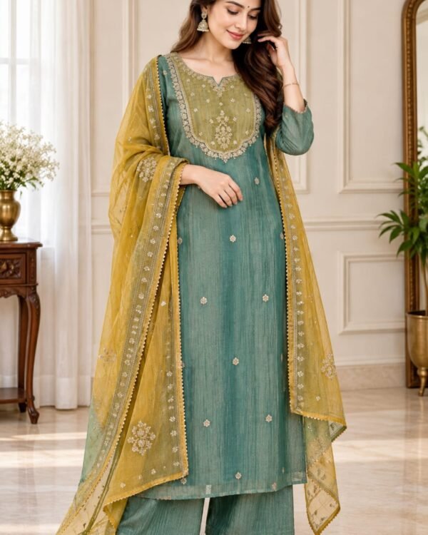 Sage green crush tissue embroidered kurti palazzo set with mustard yellow dupatta