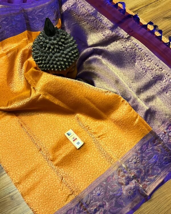 Mustard yellow and royal blue pure Kanchipuram silk saree with German zari
