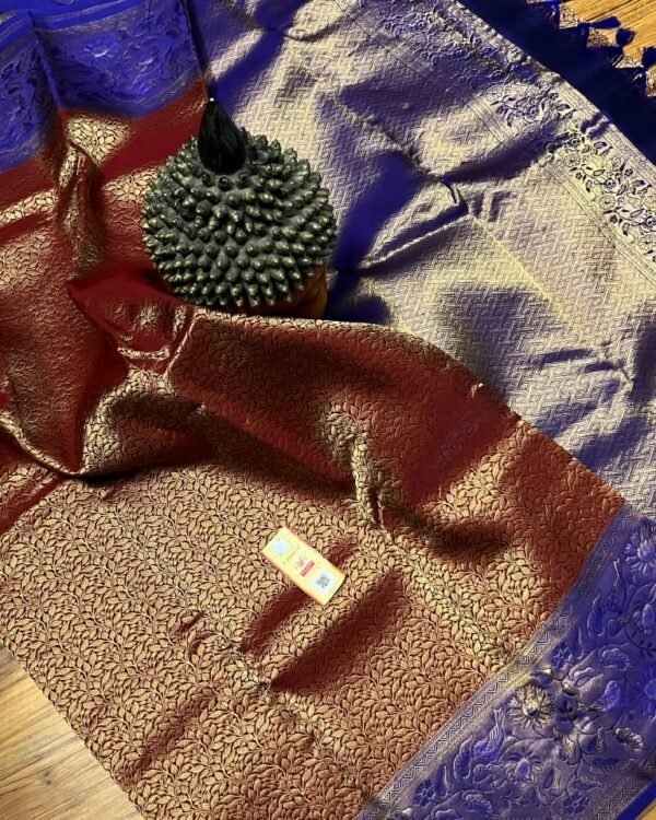 Maroon and royal blue pure Kanchipuram silk saree with German zari