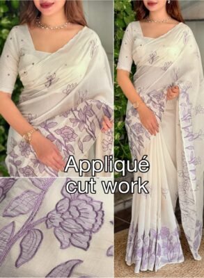 Barfi mul chiffon applique embroidered saree in cream and lavender