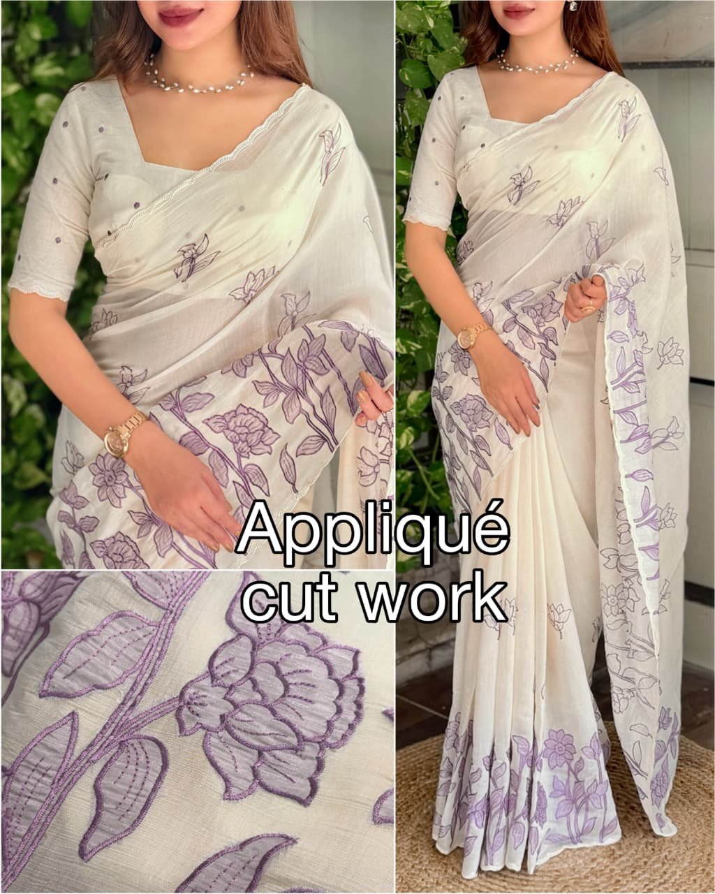 Barfi Mul Chiffon Applique Embroidered Saree 1 Barfi mul chiffon applique embroidered saree in cream and lavender