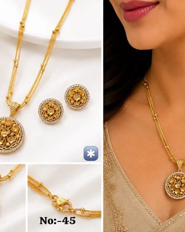 Round Floral Antique Pendant Necklace Set in gold tone