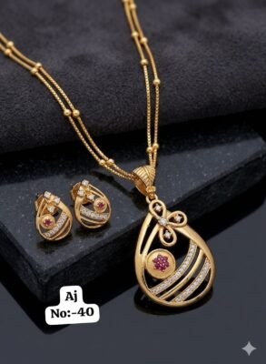 Pink Stone Swirl Antique Pendant Necklace Set in gold tone