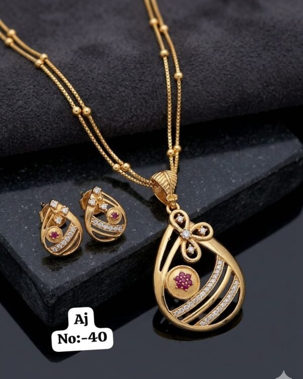 Pink Stone Swirl Antique Pendant Necklace Set in gold tone