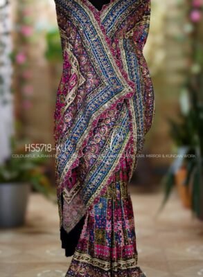 Multicolor Ajrakh Pure Chinnon Party Wear Saree 1 Multicolor Ajrakh pure chinnon party wear saree with mirror and kundan work
