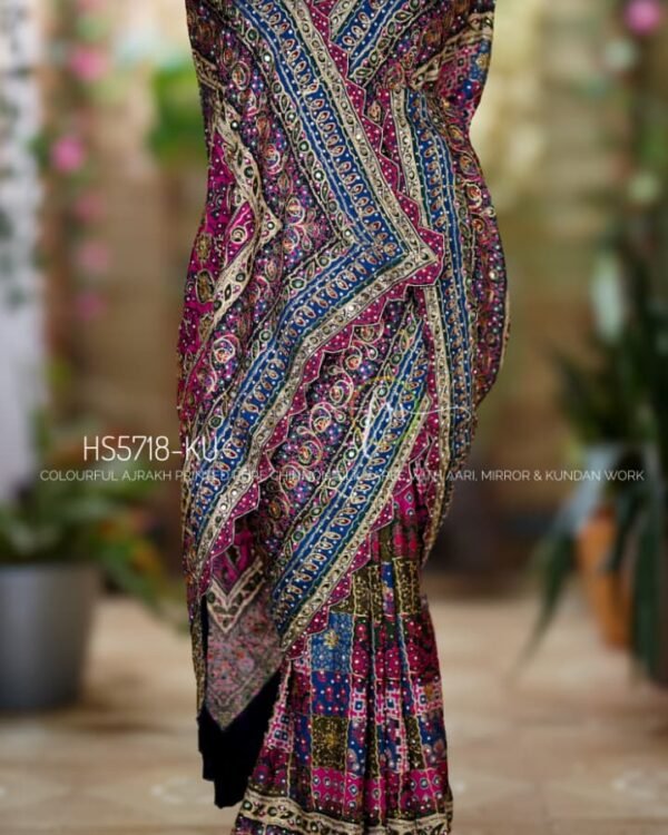 Multicolor Ajrakh pure chinnon party wear saree with mirror and kundan work
