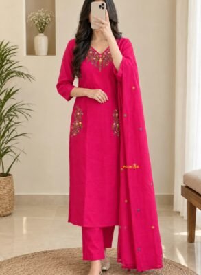 Pink Roman silk suit set with matching trousers and dupatta