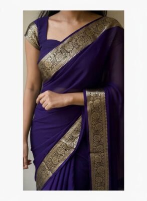 Purple viscose crepe georgette saree with gold-tone floral border and running blouse
