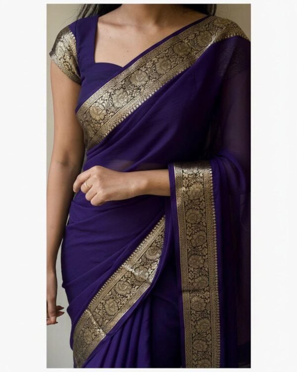 Purple viscose crepe georgette saree with gold-tone floral border and running blouse