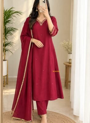 Deep wine Mul Chanderi suit set with dupatta and matching trousers