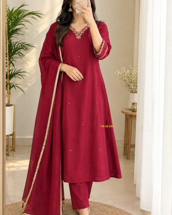 Deep wine Mul Chanderi suit set with dupatta and matching trousers