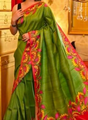 Bishnupuri handloom pure silk hand painted saree - Green and Red