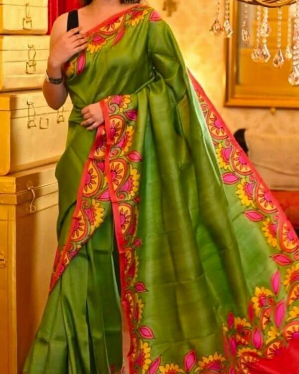 Bishnupuri handloom pure silk hand painted saree - Green and Red