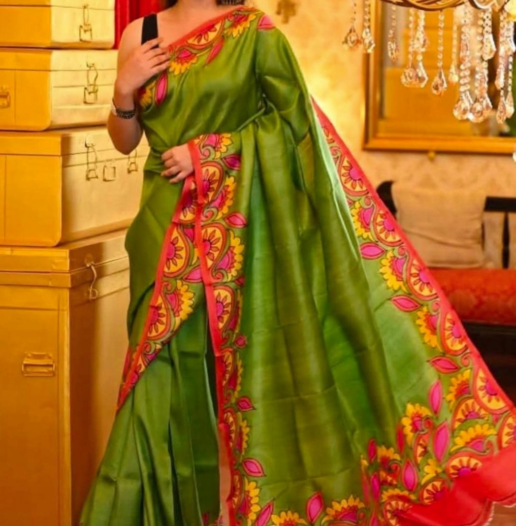 Bishnupuri Handloom Pure Silk Hand Painted Saree 1 Bishnupuri handloom pure silk hand painted saree - Green and Red