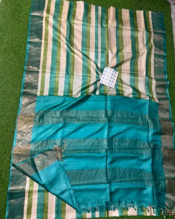 Pure handloom Tussar silk saree with zari border - Cream and Teal