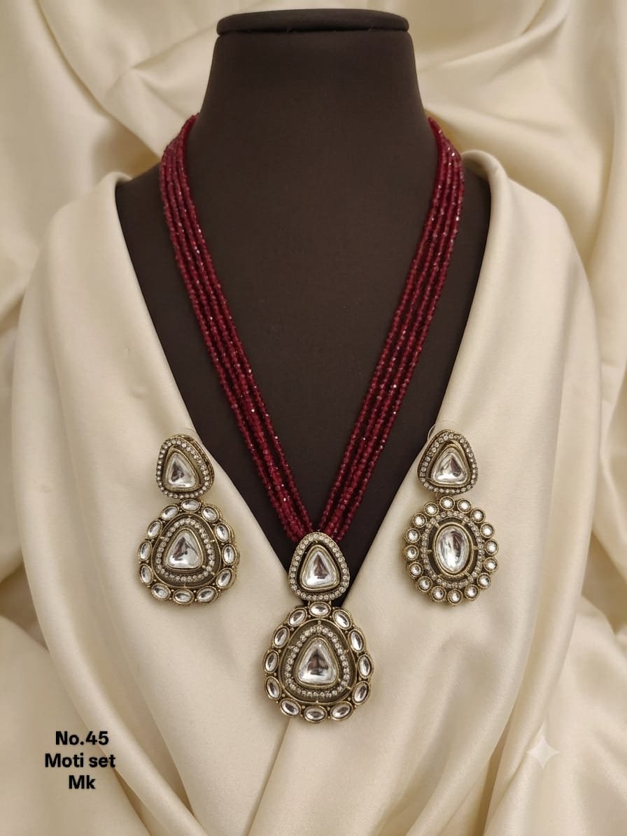 Beaded AD Necklace Set 2 Beaded AD Necklace Set in Red with teardrop stone detail