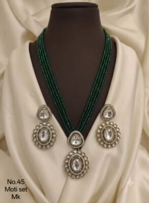 Beaded AD Necklace Set in Green with teardrop stone detail