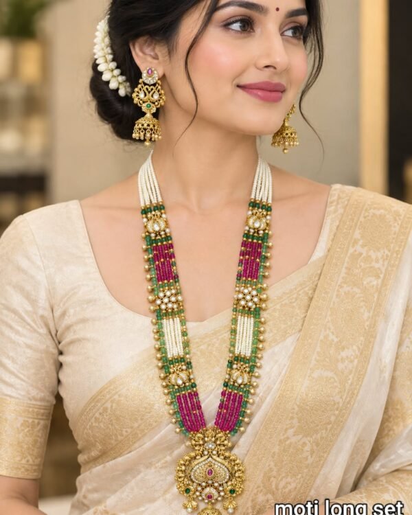 Antique style moti long necklace set - Design 1