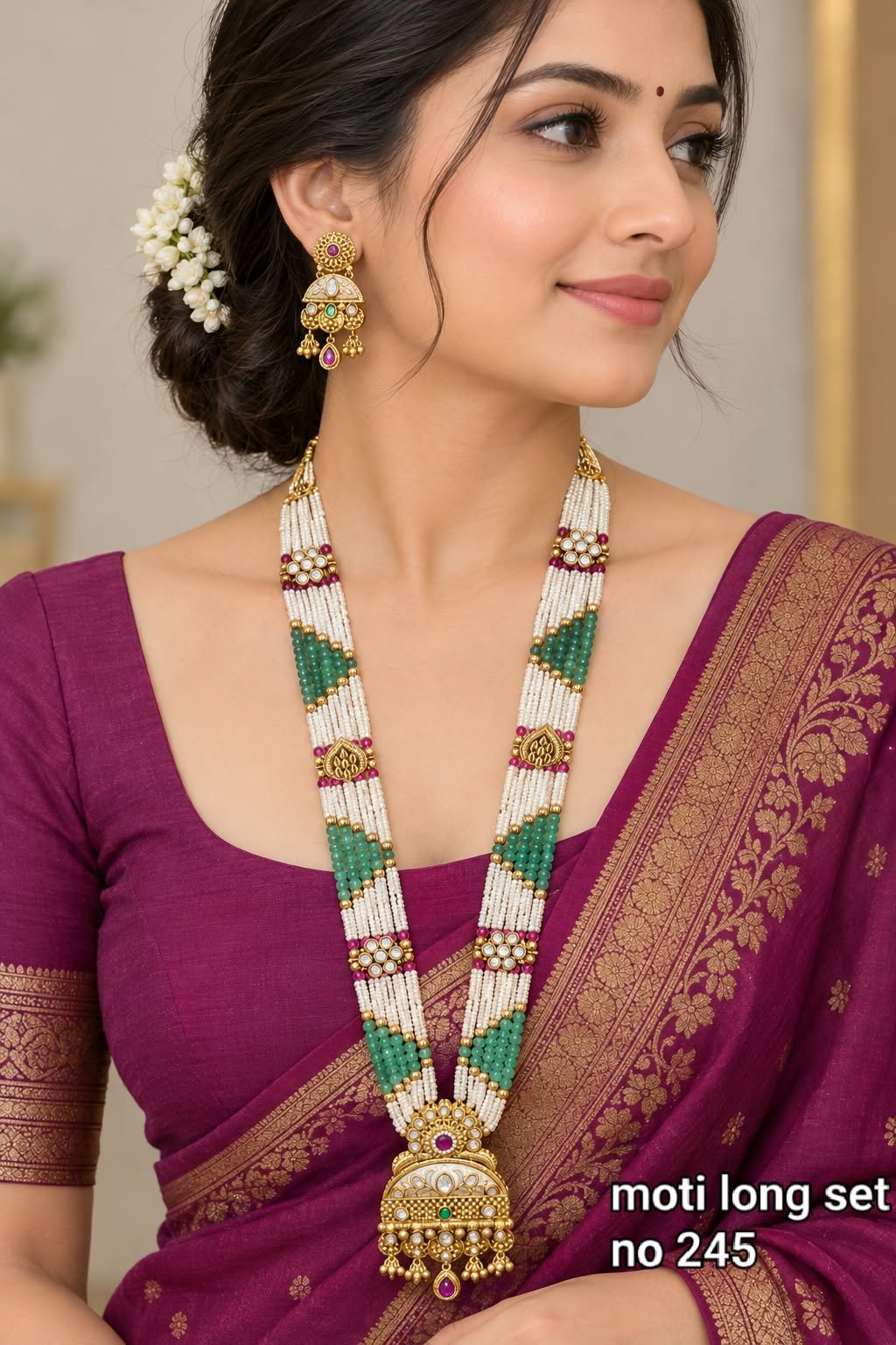 Antique Style Moti Long Necklace Set 3 Antique style moti long necklace set - Design 3