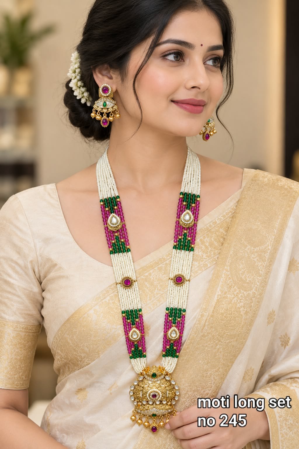 Antique Style Moti Long Necklace Set 4 Antique style moti long necklace set - Design 4