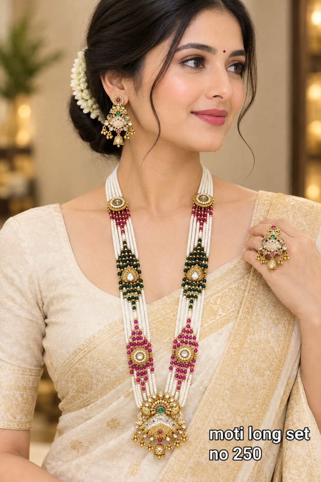 Antique Style Moti Long Necklace Set 5 Antique style moti long necklace set - Design 5