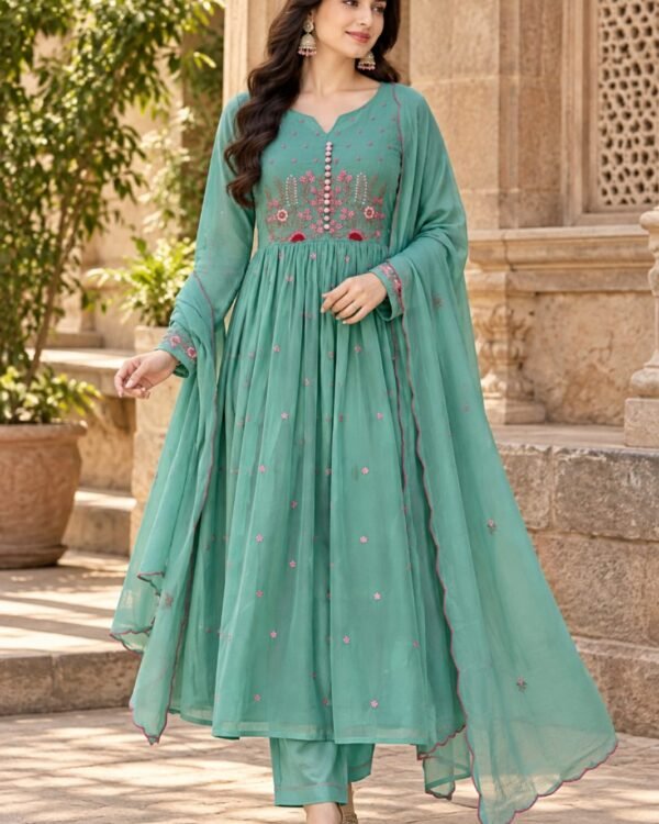Sea green mul cotton embroidered kurti set – product view 6