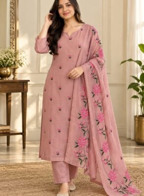 Dusty pink mul chanderi embroidered kurti set – product view 5
