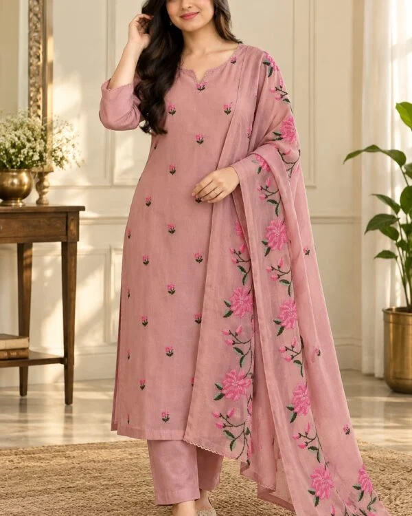 Dusty pink mul chanderi embroidered kurti set – product view 5