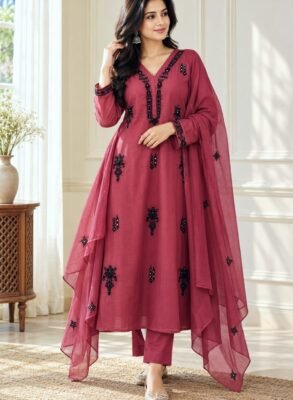 Wine cotton A line embroidered kurti set full length model view