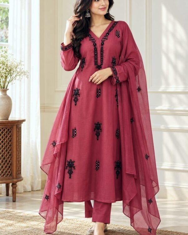 Wine cotton A line embroidered kurti set full length model view