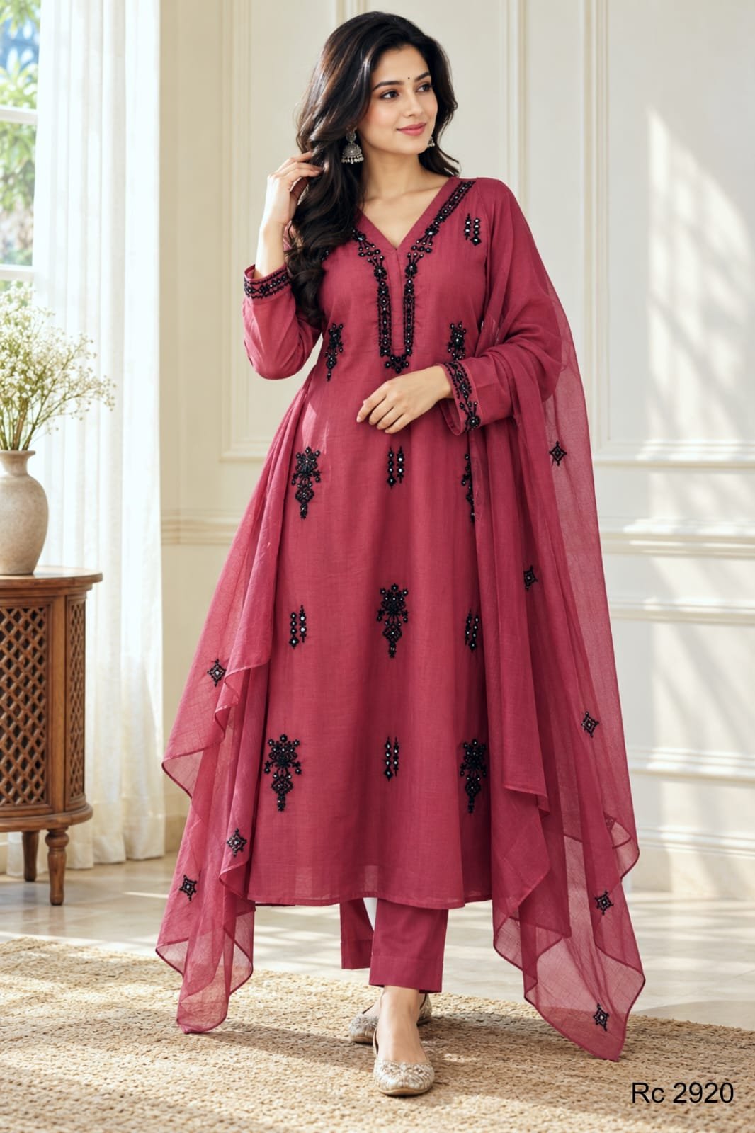 Wine Cotton A Line Embroidered Kurti Set 1 Wine cotton A line embroidered kurti set full length model view