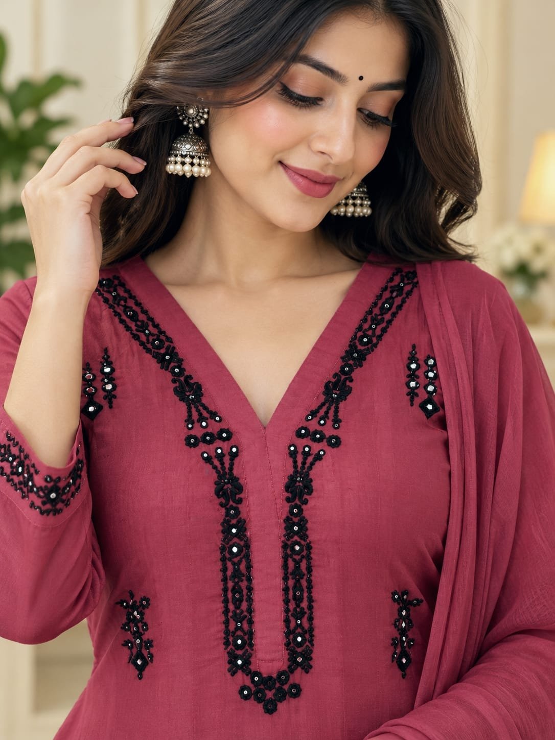 Wine Cotton A Line Embroidered Kurti Set 3 Wine cotton A line embroidered kurti set neckline embroidery detail