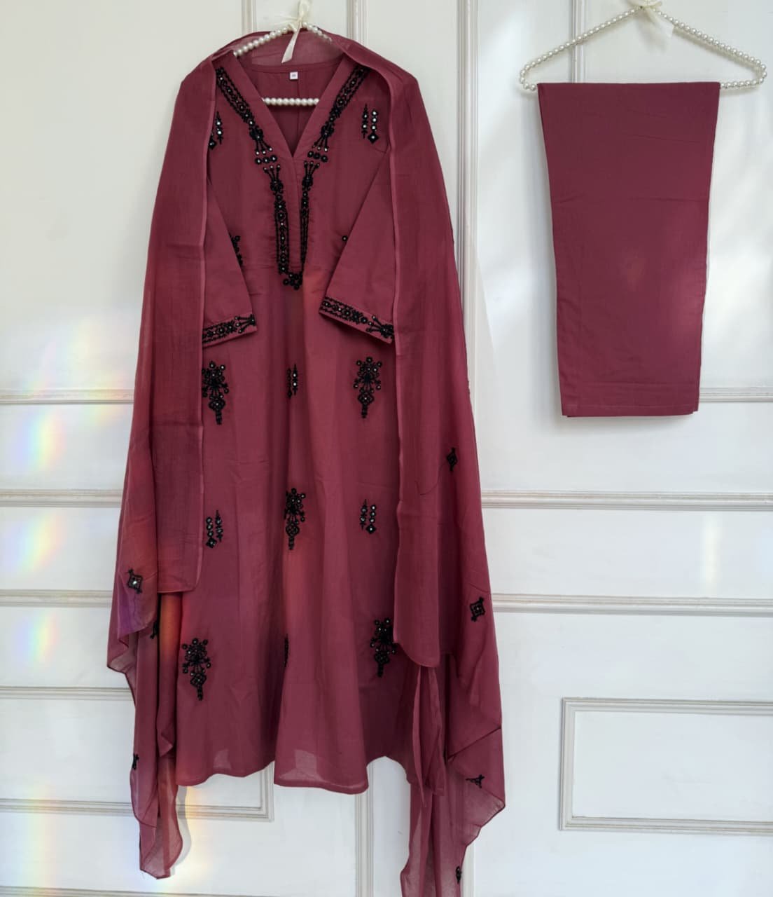 Wine Cotton A Line Embroidered Kurti Set 4 Wine cotton A line embroidered kurti set with solid bottom and 2.5 metre dupatta on hanger