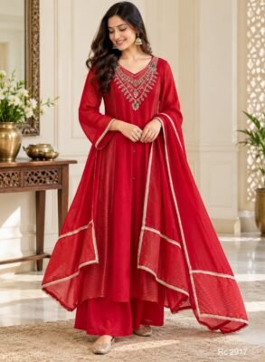 Red Mul Chanderi handwork kurti set full length model view