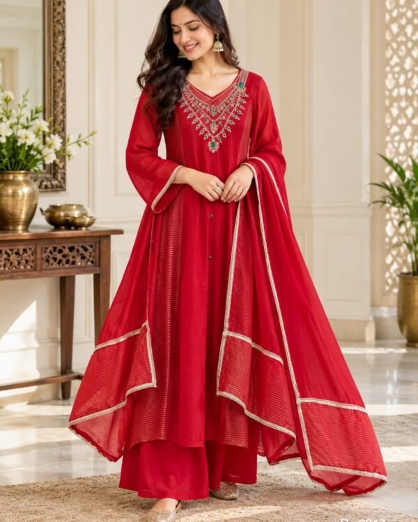 Red Mul Chanderi handwork kurti set full length model view