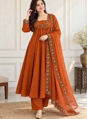 Rust orange cotton embroidered Anarkali set – full length model view