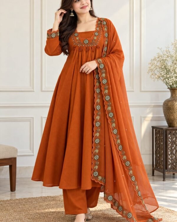 Rust orange cotton embroidered Anarkali set – full length model view