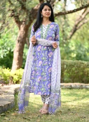 Lavender Jaipuri hand block cotton kurti set with Kota Doria dupatta – view 6