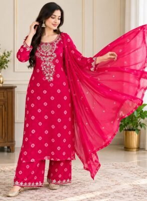 Rani pink georgette mirror work kurti palazzo set with chiffon dupatta – view 5